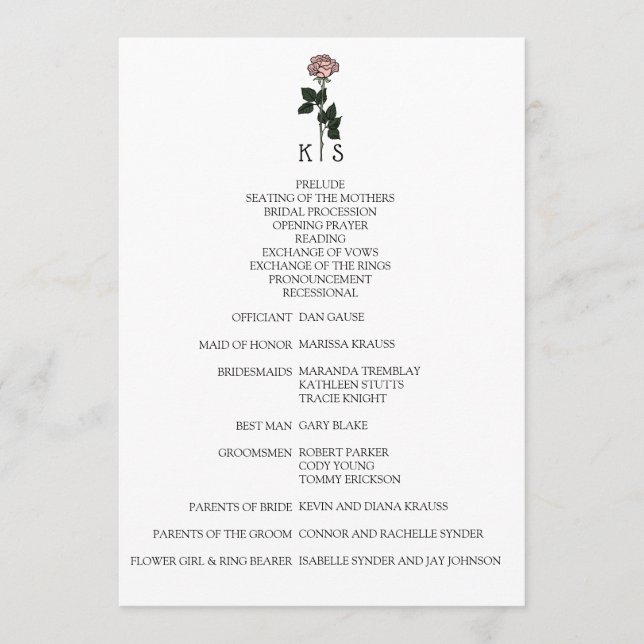 Minimalist Pink Rose Monogram Wedding Program (Front)