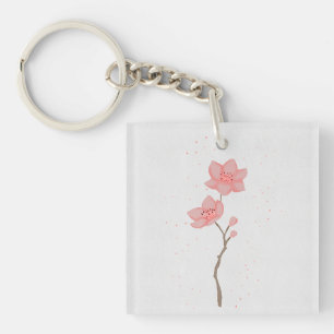 Minimalist Pink Sakura Cherry Blossom Floral Art P Keychain