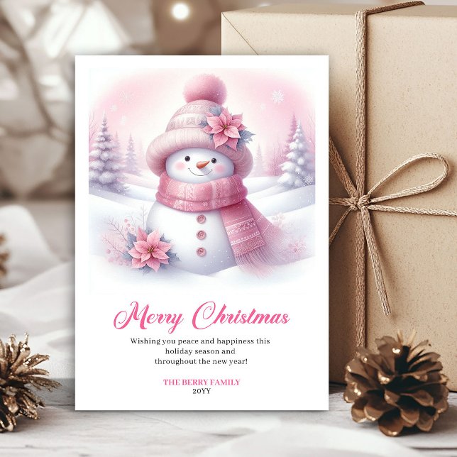 Minimalist Pink Snowman Kids Editable Christmas  Holiday Card (Minimalist Pink Snowman Kids Editable Christmas Greeting Card

)