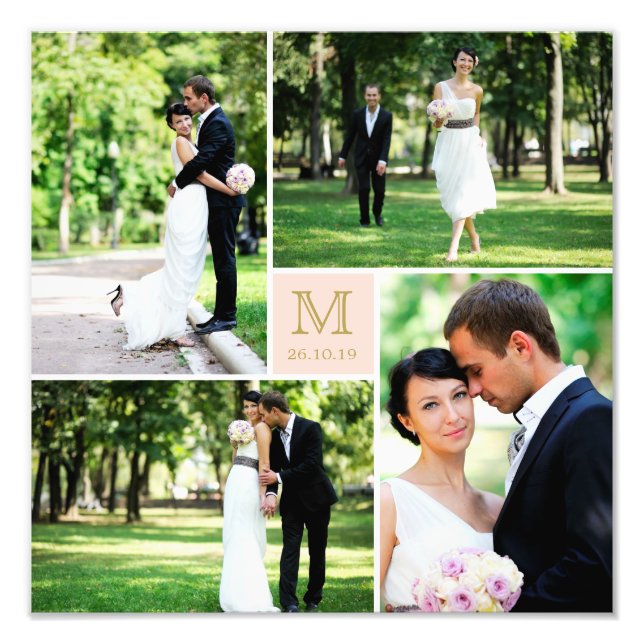 Minimalist Pink Square Grid Gold Monogram Wedding Photo Print (Front)
