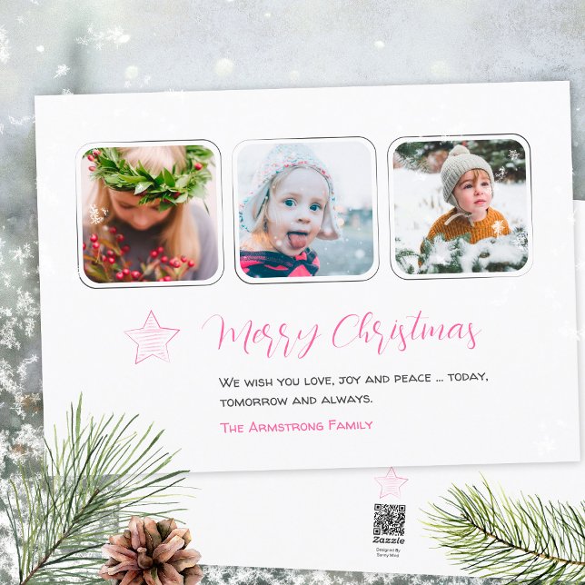 Minimalist Pink Star Three Photo Script Holiday Card (Minimalist Pink Star Handdrawn 3 Photo Script Holiday Card ©Susanne Sachers - Sunny Mind Design 🌞)
