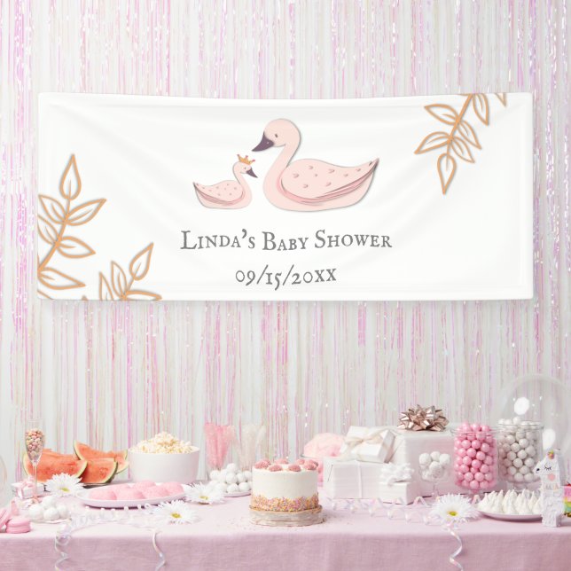 Minimalist Pink Swan Princess & Mom Baby Shower Banner (Party)