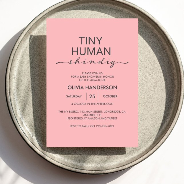 Minimalist Pink Tiny Human Shindig Baby Shower Invitation (Creator Uploaded)
