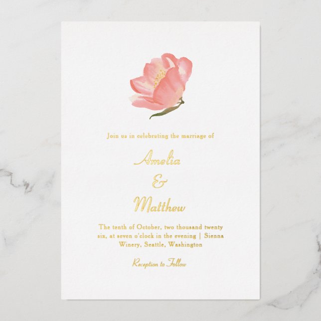 Minimalist Pink Watercolor Floral Wedding Gold (Front)