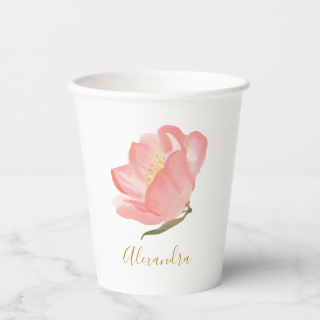 Minimalist Pink Watercolor Flower Personalized Paper Cups (Front)