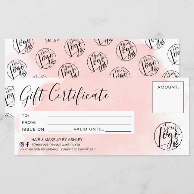Minimalist pink watercolor gift certificate logo (Front/Back)