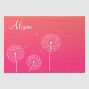 Minimalist Pink White Dandelion Name Cute Floral  Tissue Paper