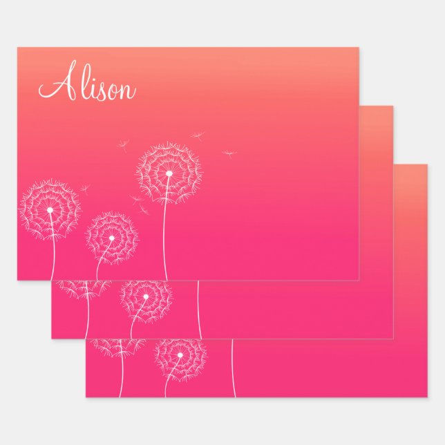 Minimalist Pink White Dandelion Name Cute Floral  Wrapping Paper Sheet