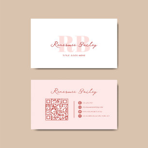 Minimalist Pink White Monogram Qr Code Business Card