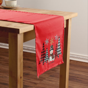 Minimalist Plaid trees and Snowman Merry Christmas Medium Table Runner