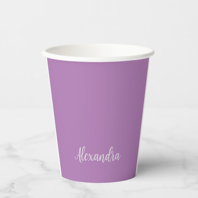 Minimalist Plain Add Name Lavender Calligraphy Paper Cups (Front)
