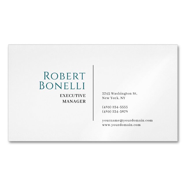 Minimalist Plain Blue & White Modern  Magnetic Business Card (Front)