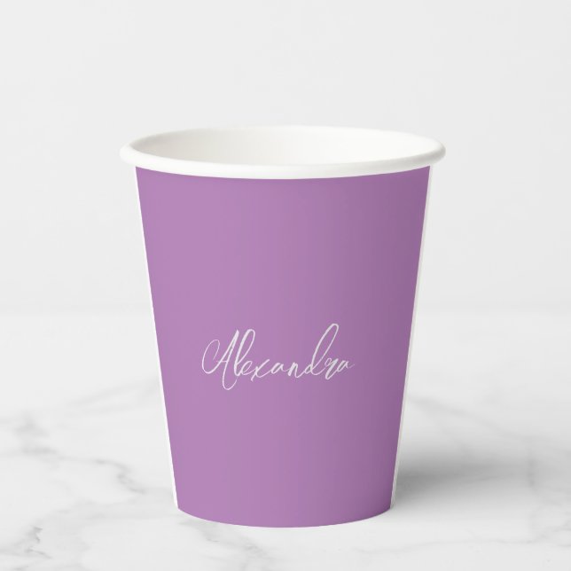 Minimalist Plain Calligraphy Own Name Lavender Paper Cups (Front)