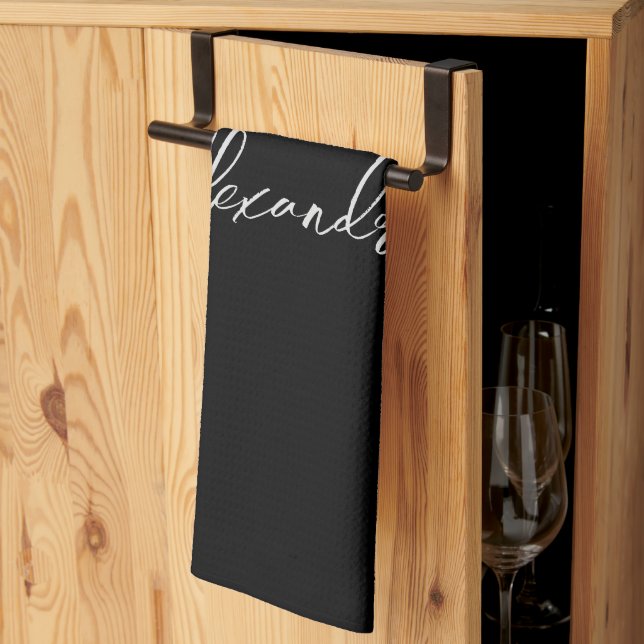 Minimalist Plain Handwritten Own Name Black Kitchen Towel (Thirds Fold)