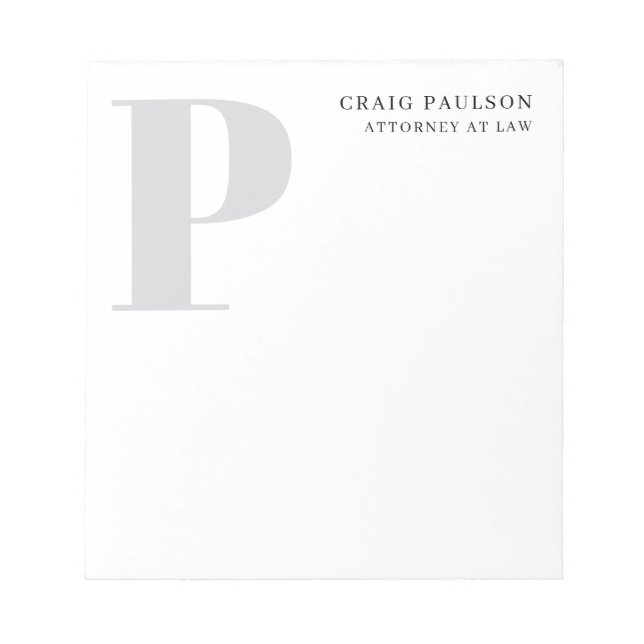 Minimalist Plain Modern Grey Monogram Name Title Notepad (Front)
