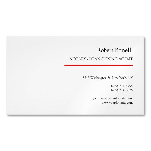 Minimalist Plain Red White Modern Notary  Magnetic Business Card (Front)