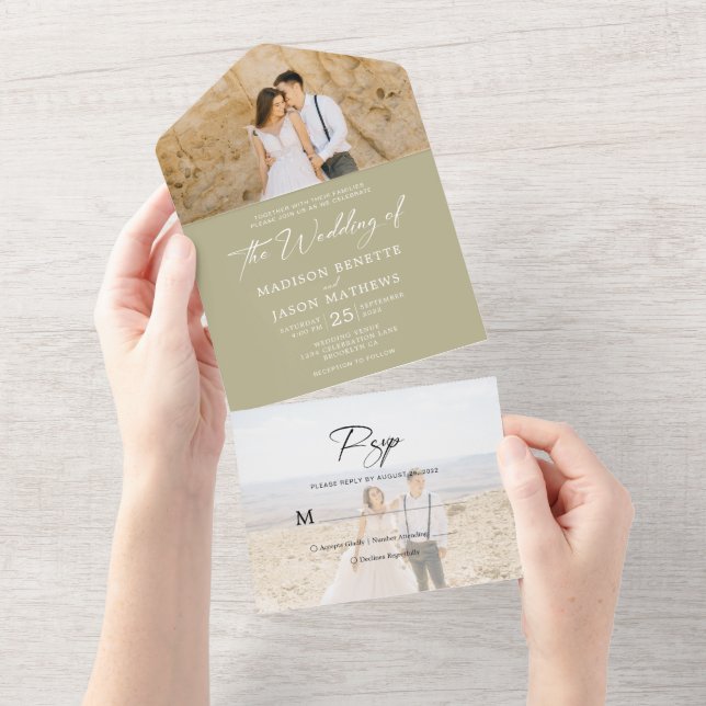 Minimalist Plain Sage Green 2 Photo Rsvp Wedding All In One Invitation (Tearaway)