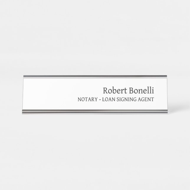 Minimalist Plain White Modern Notary Loan Agent Desk Name Plate (Front)