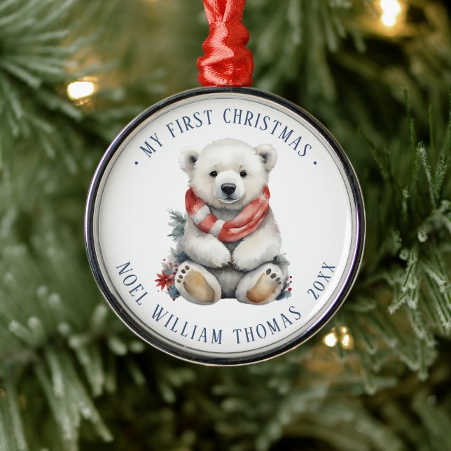 Minimalist Polar Bear Baby's First Christmas Metal Ornament (Tree)