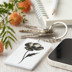 Minimalist Poppy – Monochrome Botanical Ink Art on Keychain