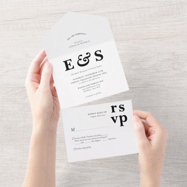 Minimalist Prep Chic Black White Monogram Wedding All In One Invitation (Tearaway)