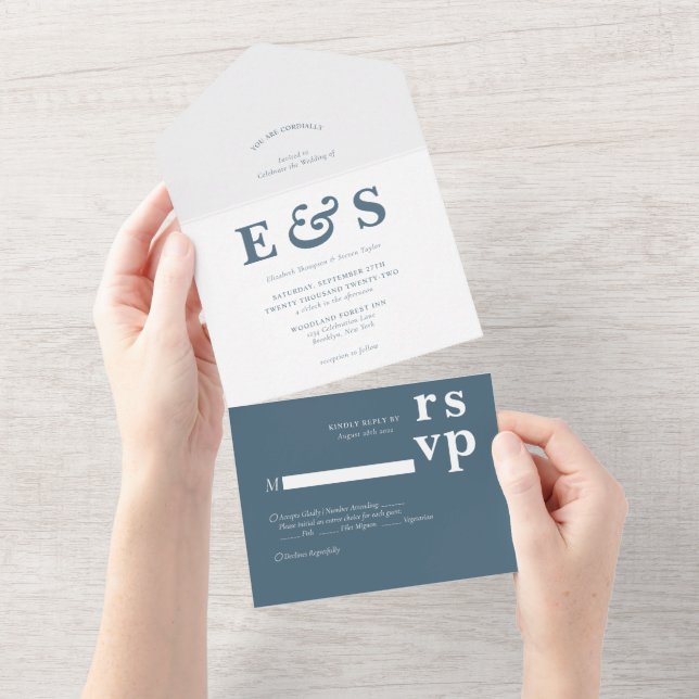 Minimalist Prep Chic Dusty Blue Monogram Wedding All In One Invitation (Tearaway)