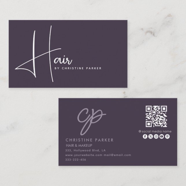 Minimalist professional hair monogram  Qr code Business Card (Front/Back)