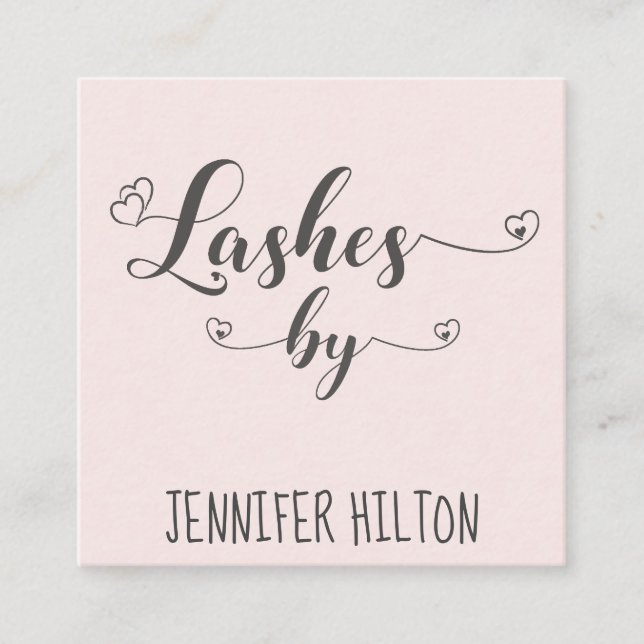 Minimalist professional  lashes calligraphy hearts square business card (Front)