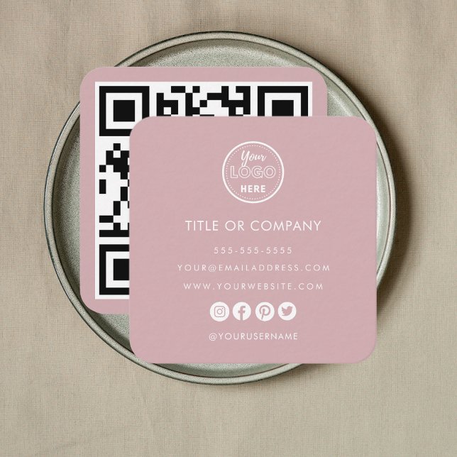 Minimalist Professional Logo Qr Code Dusty Rose Square Business Card (Creator Uploaded)