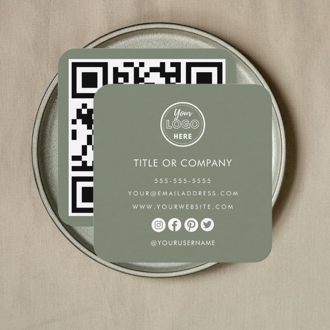 Minimalist Professional Logo Qr Code Sage Green Square Business Card (Creator Uploaded)