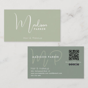 Minimalist professional monogram Qr code sage Business Card