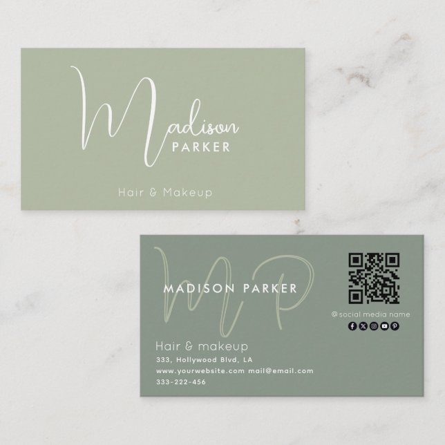 Minimalist professional monogram Qr code sage Business Card (Front/Back)