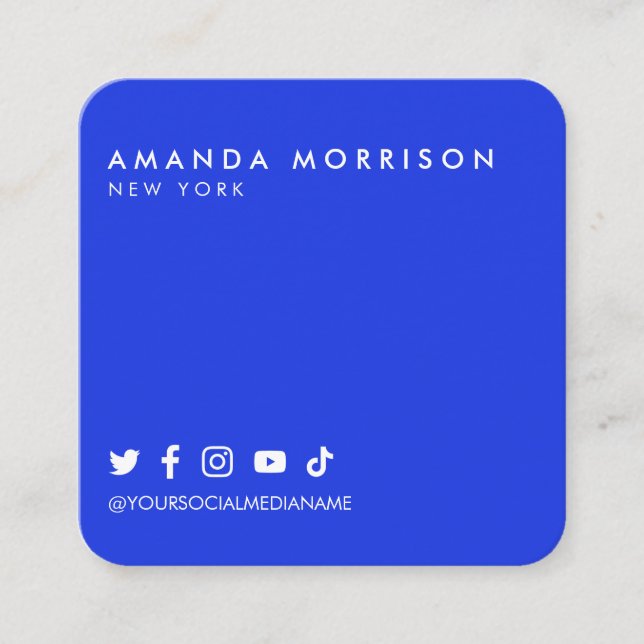 Minimalist Professional Social Media Bold Blue Square Business Card (Front)