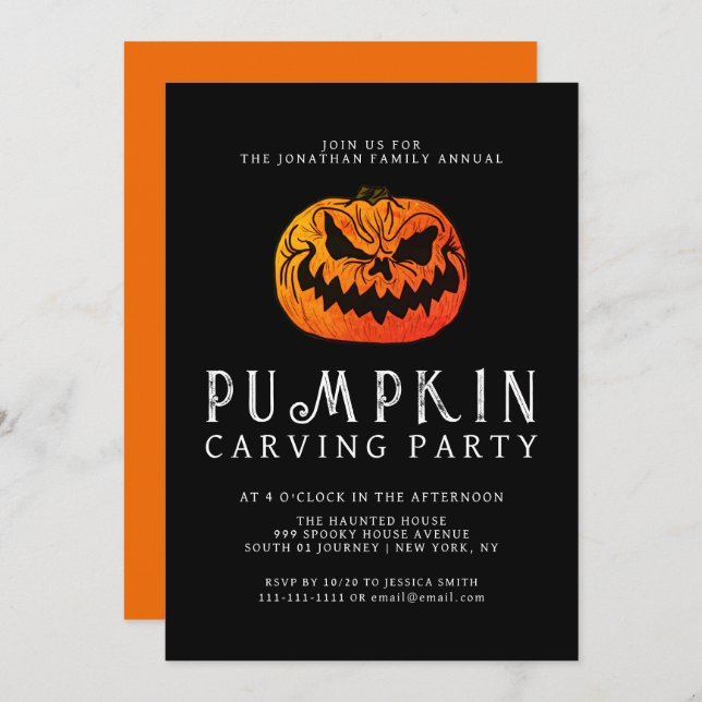 Minimalist Pumpkin Spooky Carving Party Halloween Invitation (Front/Back)