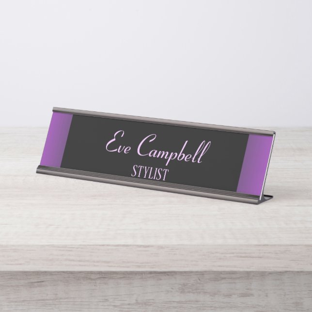 Minimalist purple and black desk name plate (Front)