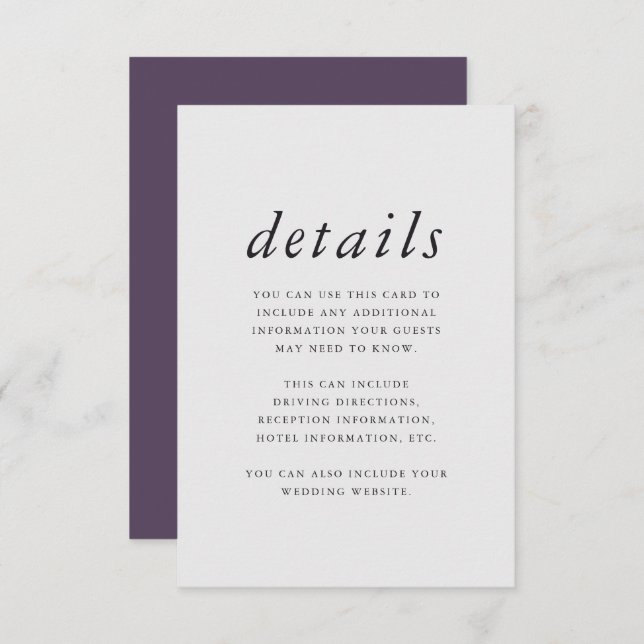 Minimalist Purple and Grey Wedding Details Enclosure Card (Front/Back)