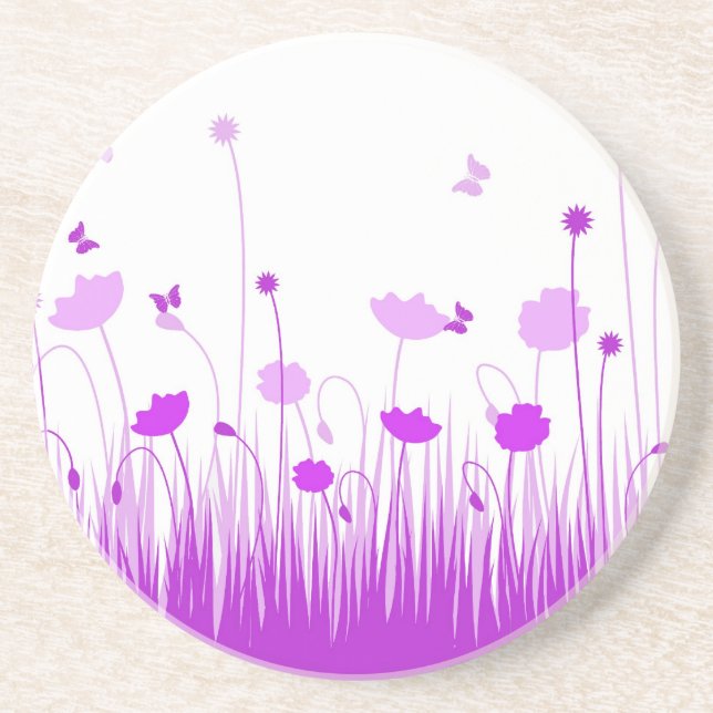 Minimalist Purple and White Poppies Meadow Floral Coaster (Front)
