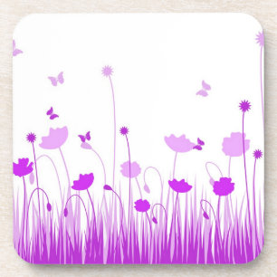 Minimalist Purple and White Poppies Meadow Floral Coaster