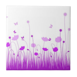 Minimalist Purple and White Poppies Meadow Floral Tile