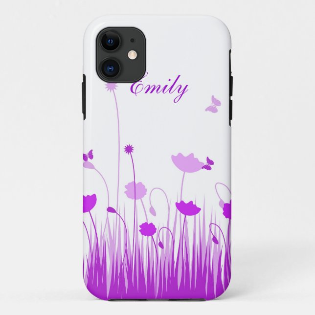 Minimalist Purple and White Poppies Meadow Name Case-Mate iPhone Case (Back)