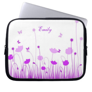 Minimalist Purple and White Poppies Meadow Name Laptop Sleeve