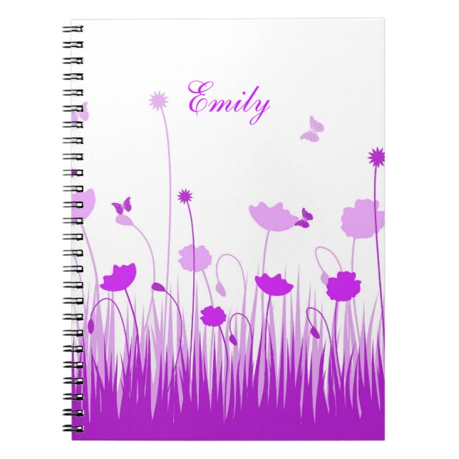 Minimalist Purple and White Poppies Meadow Name Notebook (Front)