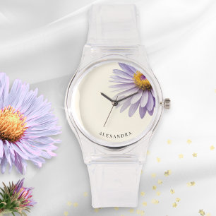 Minimalist Purple Aster Floral Custom Name Modern  Watch