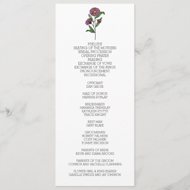 Minimalist Purple Aster Wedding Program (Front)