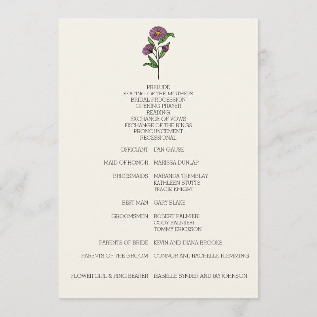 Minimalist Purple Aster Wedding Program (Front)