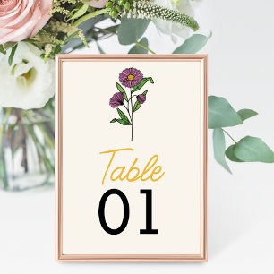 Minimalist Purple Aster Wedding Table Number