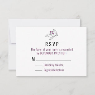 Minimalist Purple Berries Leaves Wedding RSVP Card