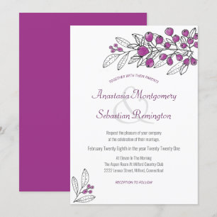 Minimalist Purple Berry Leaf Wedding Invitation