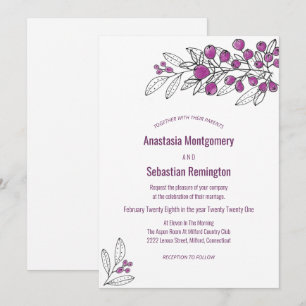 Minimalist Purple Berry Leaf Wedding Invitation