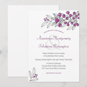 Minimalist Purple Berry Leaf Wedding Invitation